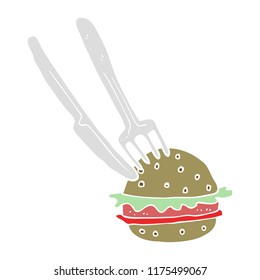 flache farbige Abbildung von Messer und Gabel in Hamburger
