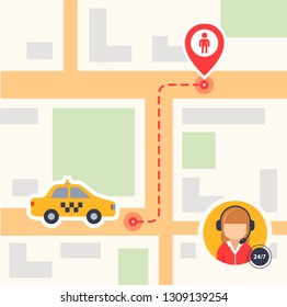 flat color illustration of a map with a top view with taxi icons and a passenger label. dashed line path route. Use for banner, poster.