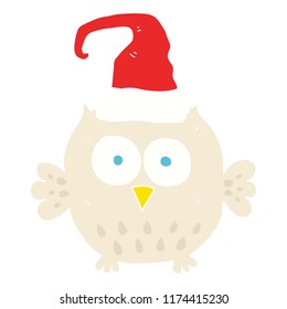 flat color illustration of owl wearing christmas hat