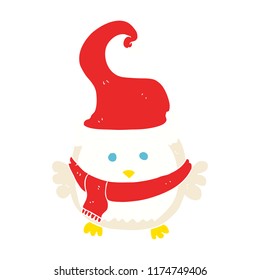 flat color illustration of owl wearing christmas hat