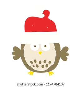 flat color illustration of owl wearing christmas hat