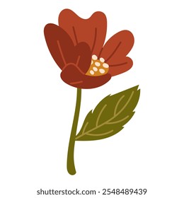 Ilustración en color plano de una magnolia roja con un tallo verde y un cogollo medio abierto con polen, estambres hacia los lados. Una Imagen aislada de una flor seca para herbarios y álbumes de recortes. pétalos de brotes brillantes