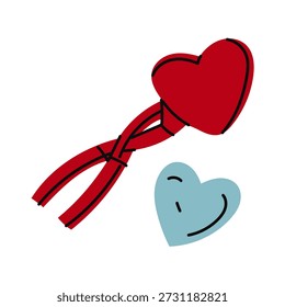Flat color illustration of red plastic snowball mold in shape heart, blue snowball in shape heart. winter outdoor activity toy seasonal posters, holiday cards, textile prints, graphic design projects