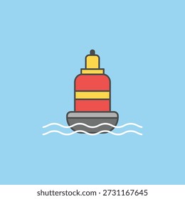 A flat color illustration of a red and yellow navigational buoy floating on water waves against a light blue background, suitable for maritime and safety themes.