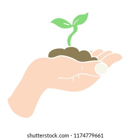 flat color illustration of seedling growing held in hand