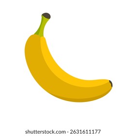 Flat color illustration of a single yellow banana on white background. Minimal tropical fruit design for food packaging, nutrition apps, and summer-themed projects.