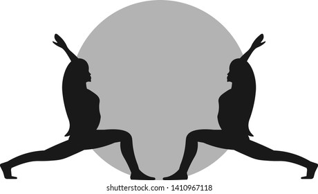 Flat color illustration of two black silhouettes of women, standing in front of each other in yoga warrior pose on white background. The concept of sport, healthy lifestyle, recreation