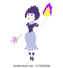 flat color illustration of vampire girl casting fireball