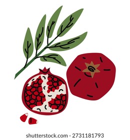 Flat color illustration of a whole and opened pomegranate with seeds and a green branch. Fresh organic fruits for healthy eating posters, botanical prints, or kitchen graphic design projects.