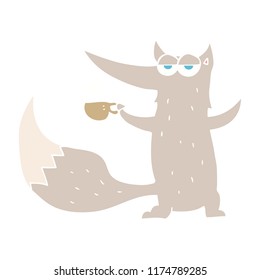 ilustración de color plano del lobo con taza de café