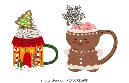Flat color illustrations with pair of festive mugs with Gingerbread House and person. cup with hot drink, cream, marshmallow. Cute hot cocoa cups for winter holidays for seasonal decor, greeting cards