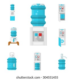 Flat color isolated vector icons for water cooler appliance on white background. Water jug with faucet, portable water cooler, full bottles and other elements for business and web design.