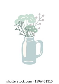Flat color jars with bouquet of herbs and branches on white background. Spring herbs in a vase. Vector rustic illustration for pin, sticker, card and invitation and your creativity.