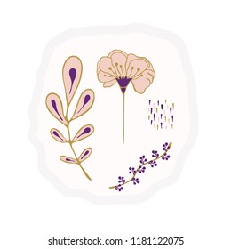 Flat Color Leaf Flower Set Clipart Vector Illustration, Hand Drawn Sketchy Kawaii Floral with Leaves, Retro 60s Style Graphic, for Packaging, Wedding Invitation Stationery, Trendy Quirky Pastel Colors
