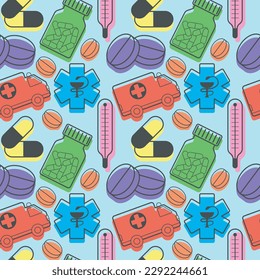 flat color medical pattern with elements of pills, ambulance, thermometer and medical sign