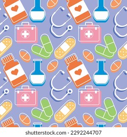 flat color medical pattern with elements of pills, bottle, sthetoscope, patch, health kit and laboratory flask