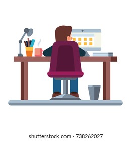 Flat color modern vector illustration. Business man at his desk is working on the laptop computer