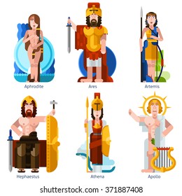 Flat color olympic gods icons set in cartoon style with aphrodite ares artemis hephaestus athena apollo figurines isolated vector illustration  