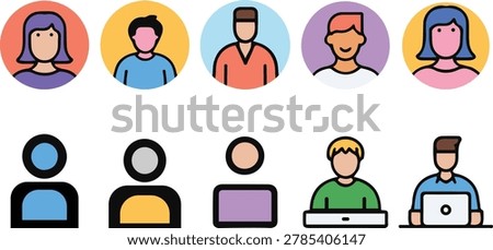 Flat color and outline vector user avatar profile picture icon set.