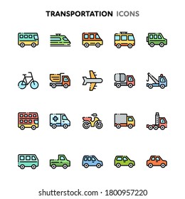 Flat color and outlined vector icons related to transportation. Symbols such as various types of transportation and vehicle are included in this set. Layered and still looks perfect in 32x32px.