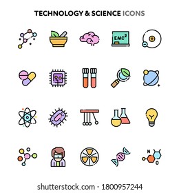 Flat color and outlined vector icons related to technology and science. Symbols such as science and technology inventions are included in this set. Layered and still looks perfect in 32x32px.