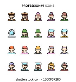 Flat color and outlined vector icons related to people profession and jobs. Symbols such as various type of profession and jobs are included in this set. Layered and still looks perfect in 32x32px.