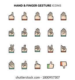 Flat color and outlined vector icons related to hand and finger gestures. Symbols such as various hand and finger gestures are included in this set. Layered and still looks perfect in 32x32px.