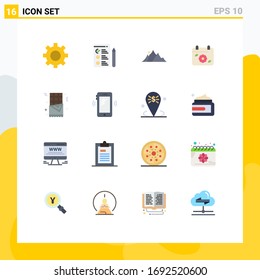 Flaches Farbpaket mit 16 universellen Symbolen für Fast Food; Feder; Landschaft; Datum; Editierbares Paket kreativer Vektorillustration-Design-Elemente