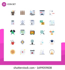 Flat Color Pack of 25 Universal Symbols of coding; web brower; calculator; setting; data Editable Vector Design Elements