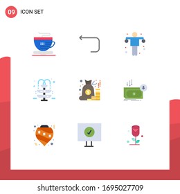 Paquete de color plano de 9 símbolos de dinero universales; bolsa; ejercicio; cuenta; elementos de diseño de vectores editables por agua