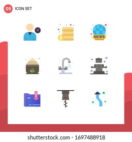 Paquete de color plano de 9 símbolos universales de fontanería; cuarto de baño; en todo el mundo; loto; elementos de diseño de vectores editables de sauna