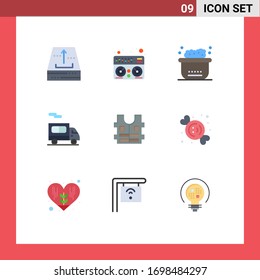 Flat Color Pack of 9 Universal Symbols of safety; jacket;  truck; delivery Editable Vector Design Elements