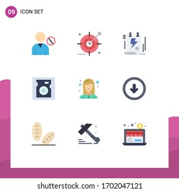 Flaches Farbpaket mit 9 universellen Symbolen auf hartem Wege; Scheibe, Optimierung; Zwischenablage; Vektorillustration-Design-Elemente für Dateien bearbeiten