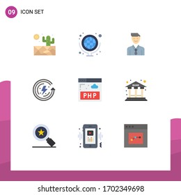 Flat Color Pack of 9 Universal Symbols of php; environmental protection; executive; energy; earth day Editable Vector Design Elements