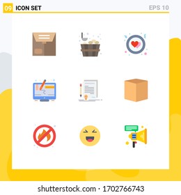 Flat Color Pack of 9 Universal Symbols of document; contract; love; certificate; screen Editable Vector Design Elements