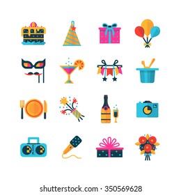 Flat color party icons set with  gift box bouquet balloons and bottle of champagne isolated vector illustration 