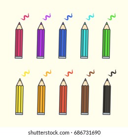 Flat Color Pencil Icons, Vector Colour Pencils With Scratches Set. Drawing Colorful Pencils With Example Strokes