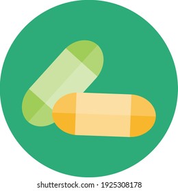 Flat color pill capsules icon on dark green background. Fully editable. Royalty free.	