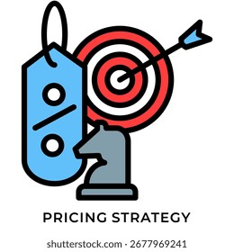 Icono de estrategia de Precios de color plano: etiqueta de Precio, blanco rojo y ajedrez de estrategia