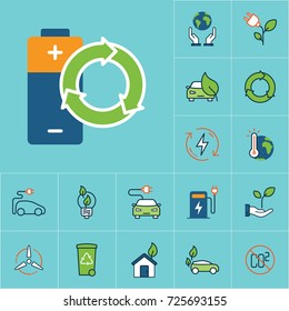 flat color renewable battery icon, green energy set on blue background