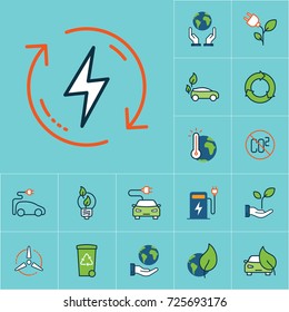 flat color renewable energy icon, green energy set on blue background