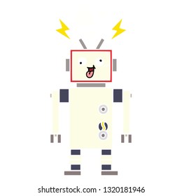 flat color retro cartoon of a crazy broken robot
