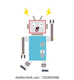 flat color retro cartoon of a crazy broken robot