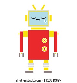 flat color retro cartoon of a crying robot