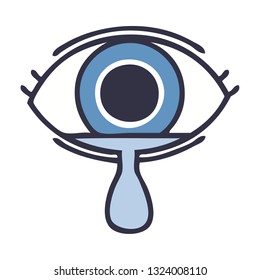 dibujo retro a color plano de un ojo llorón