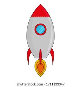 Icono de cohete de color plano con llama, casco gris y ojo de buey azul. Ilustración vectorial de material aislada en fondo blanco.