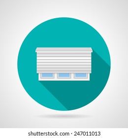 Flat color roller shutter window vector icon. Round blue flat vector icon for wide plastic window with roller shutter on gray background. Long shadow design.