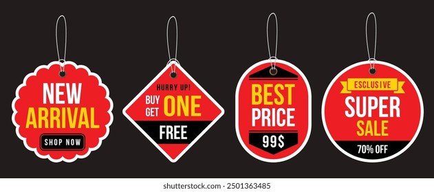 Flat Color Sale Tag Design Set,  Red Color Sale Banner Collection with Yelow, Black and White used