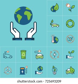 flat color save world, earth in hands icon, green energy set on blue background