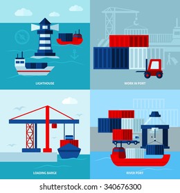 Flat color seaport  concept  with ships lighthouse  and port facilities vector illustration